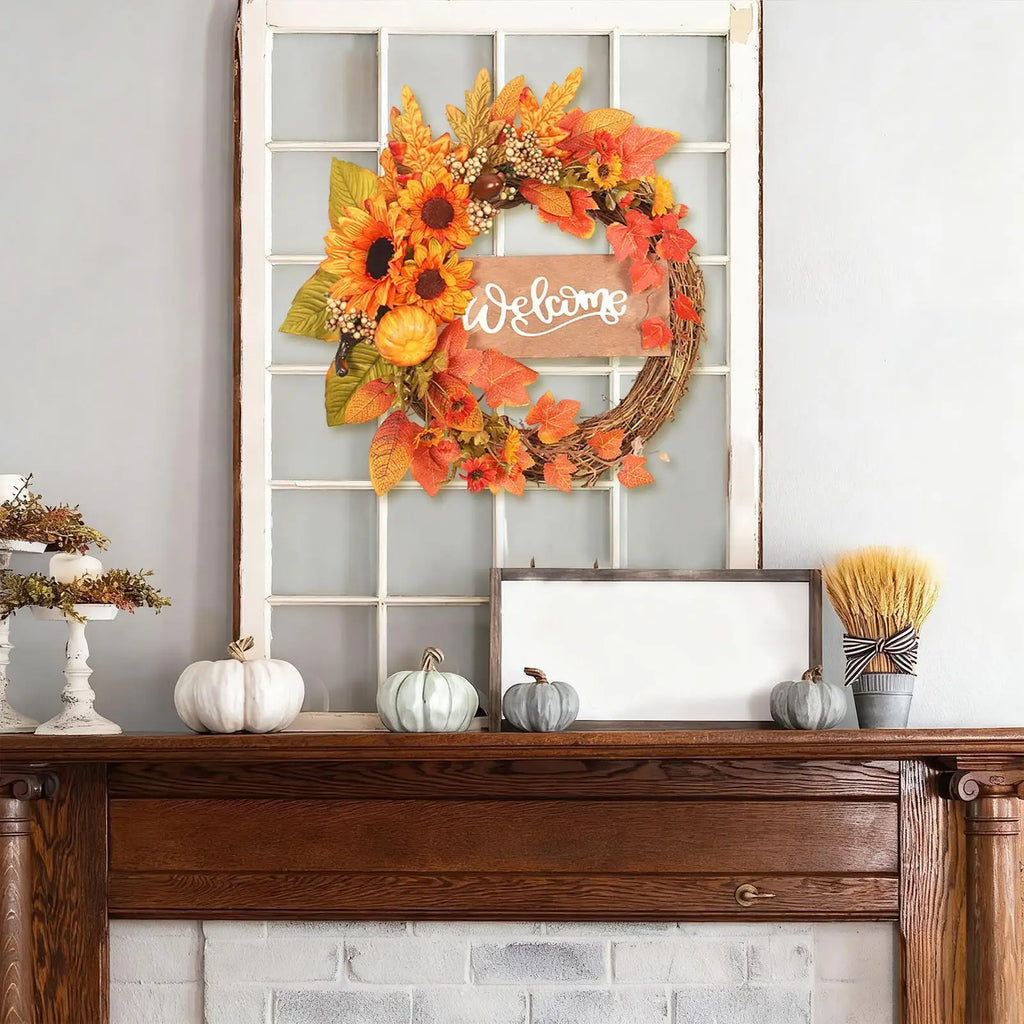Fall Wreath Outdoor Realistic Sunflower Pumpkin Maple Ornament Qme