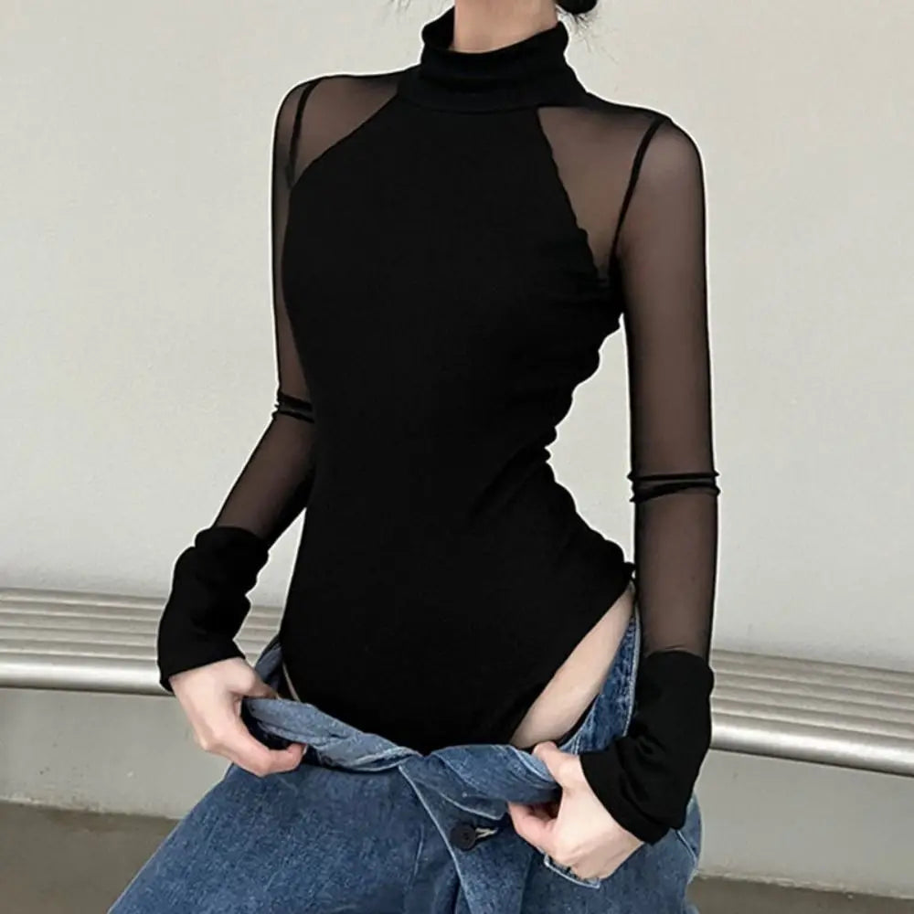 INS Collar Long Sleeve Jumpsuit Slim Fit Simple Lace Bottoming Shirt Qme