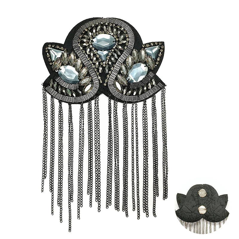 Epaulette Brooch Pin Bead Long Tassel Chain Electroplating Decor DIY Men Women Bling Epaulette Clothing Shoulder Jewelry Qme Gray with pin
