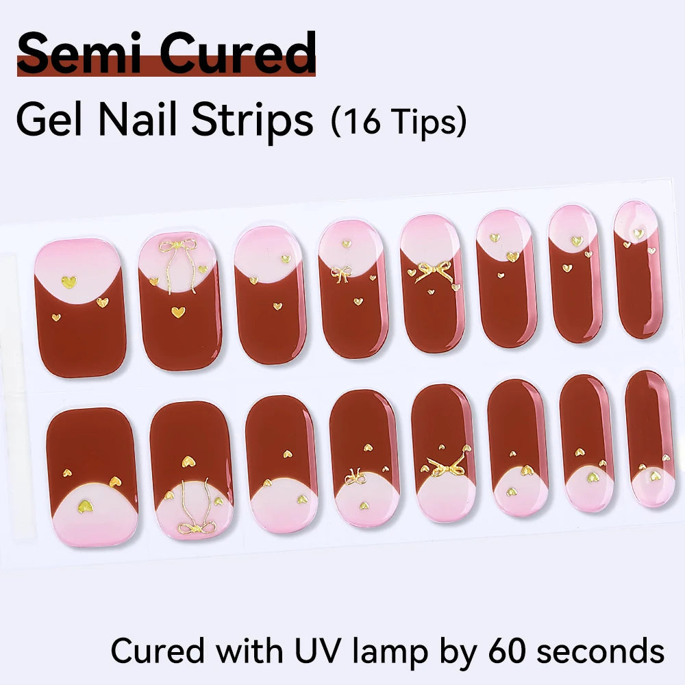 16Tips Semi-cured Gel Nail Sticker Colorful French Glitter UV LED