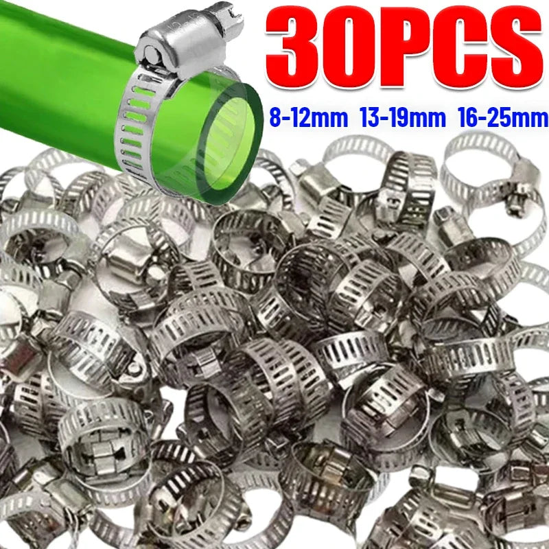 Stainless Steel Screw Band Hose Clamps Adjustable Car Fuel Tube Pipe Clamp Worm Gear Plier Tools Faucet Water Pipes Fasteners Qme 30PCS 8-12mm