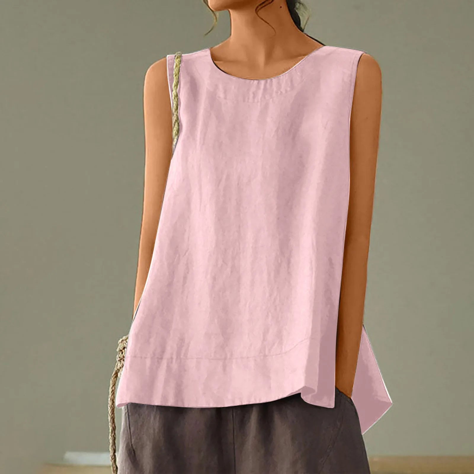 Female Summer Oversized Solid Color Retro Casual Cotton Linen Solid Color Sleeveless Round Neck Soft And Breathable Top Vest Qme Pink XL