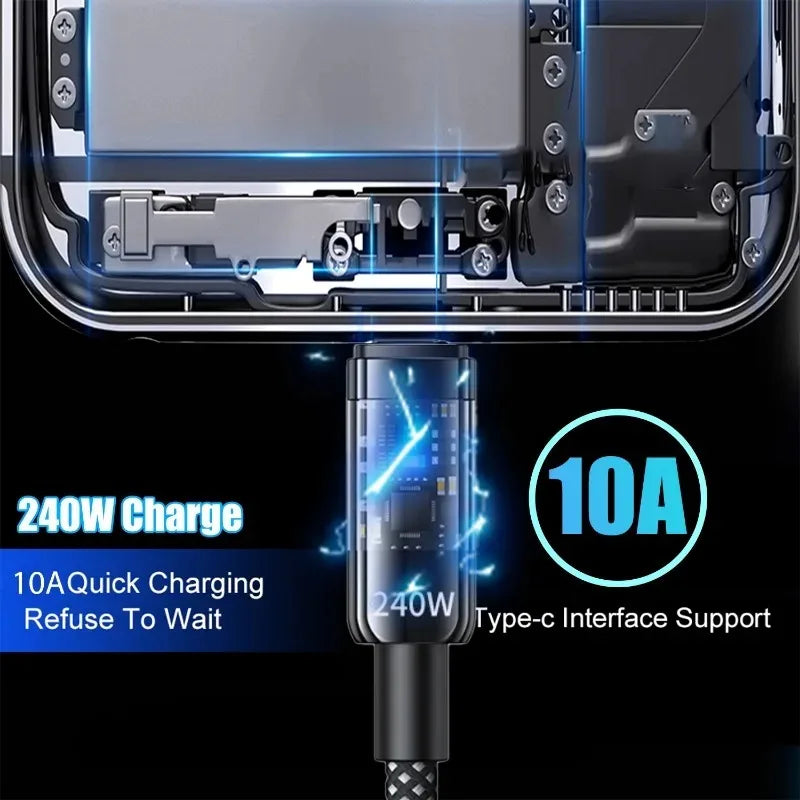 240W Fast Charging Line 10A USB A To Type C Interface Nylon Braided Transparent Type C Highspeed Charger Wire For iPhone Samsung Qme