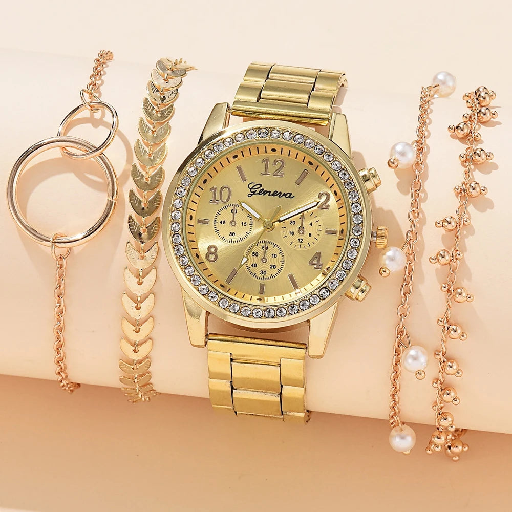 5PCS Quartz Watch Set Women Fashion Silver Round 3 Eyes Alloy Strap Wristwatch Gift Rhinestone Watch For Women Jewelry Set Qme
