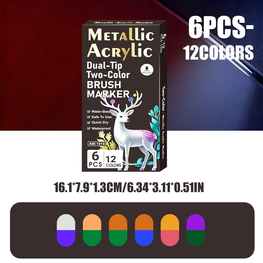 6-24 Pcs Dual Ended Metallic Acrylic Marker Two-color Touch-up Pen Waterproof Permanent for DIY Craft Drawing Graffiti Art Qme 6Pcs-12Colors