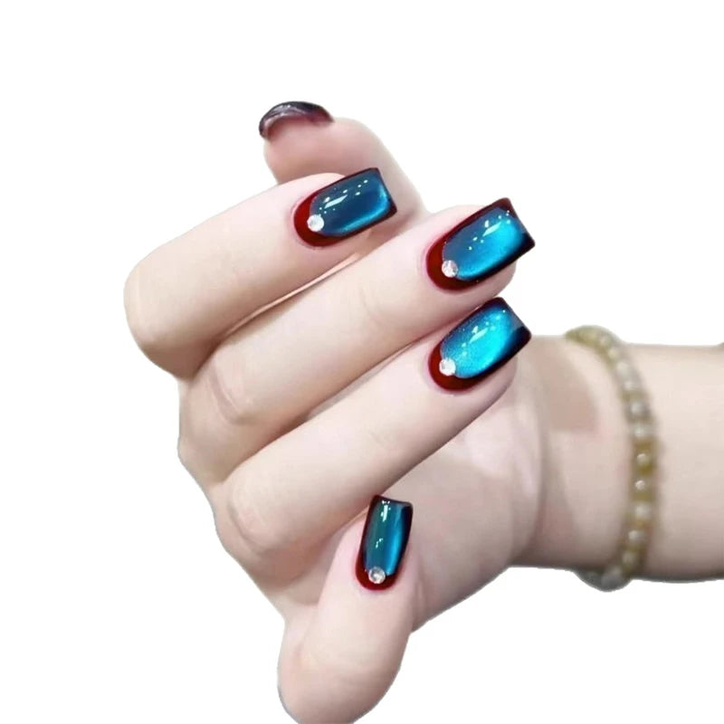 Handmade Short Square Blue Gemstone Amber Fake Nails Wearable False Qme