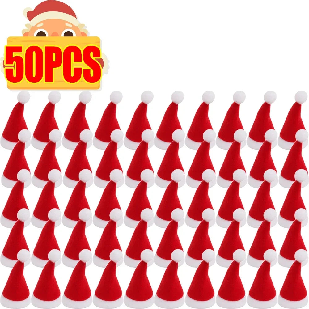 Mini Santa Hat Wine Bottle Covers Non-Woven Fabric Lollipops Caps Christmas Bottles Holder Kitchen Tableware Dinner Decoration Qme Red-50pcs 8x4x1cm