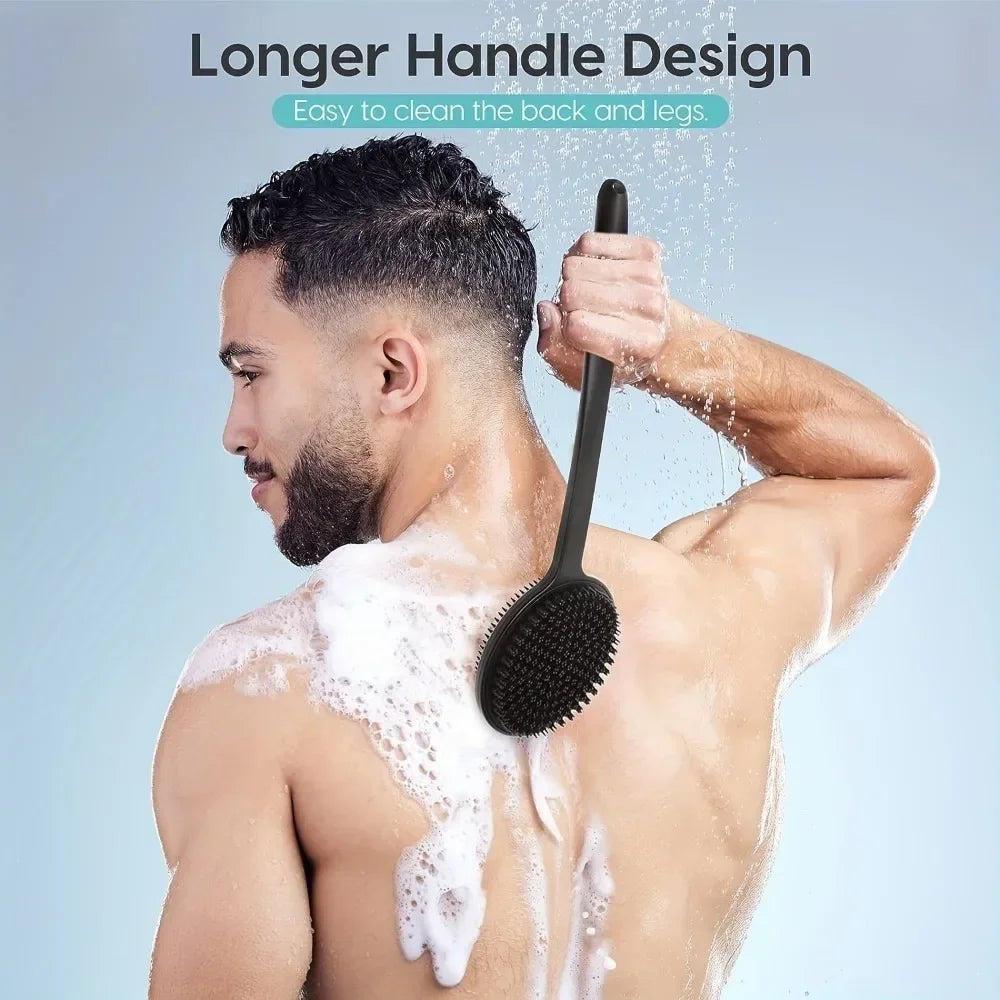 Double-sided Silicone Back Scrubber Long Handle Body Bath Brush Mud Qme