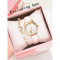2-piece/set of ladies' fashionable watches with cat pattern PU and small scale, simple quartz watch set for students Qme White suit
