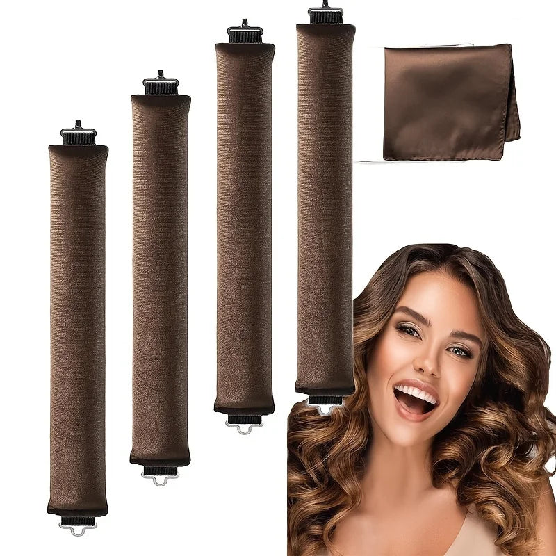 4 Hooks Rubber Curling Tool No Heat Curling Iron Big Wave Curling Tool Sleep Curling Plus Silk Scarf, Holiday Makeup, Christmas Qme 4pcs Brown