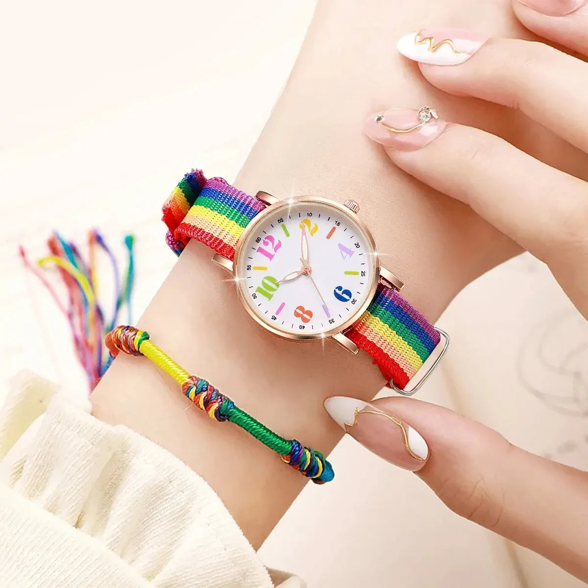 Pride Day Rainbow Watch Bracelet Set For Women Girls Colorful Large Number Dial Nylon Strap Quartz Wrist Watch Student Casual Gi Qme