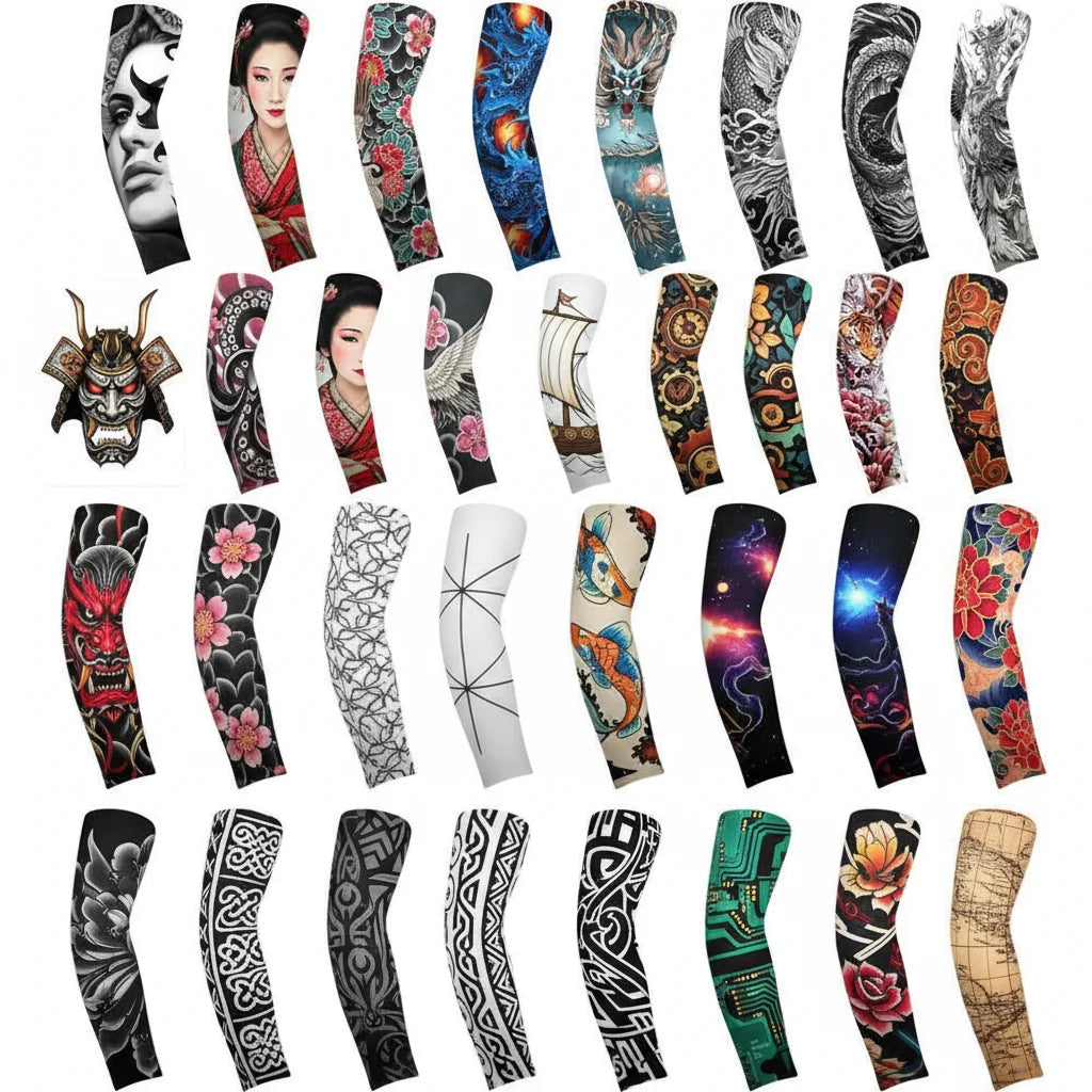 Summer Ice Silk Tattoo Sleeves Arts Temporary Fake Slip On Tattoo Arm Sleeves Sports Sunscreen Sleeves Cycling Driving Fishing Qme