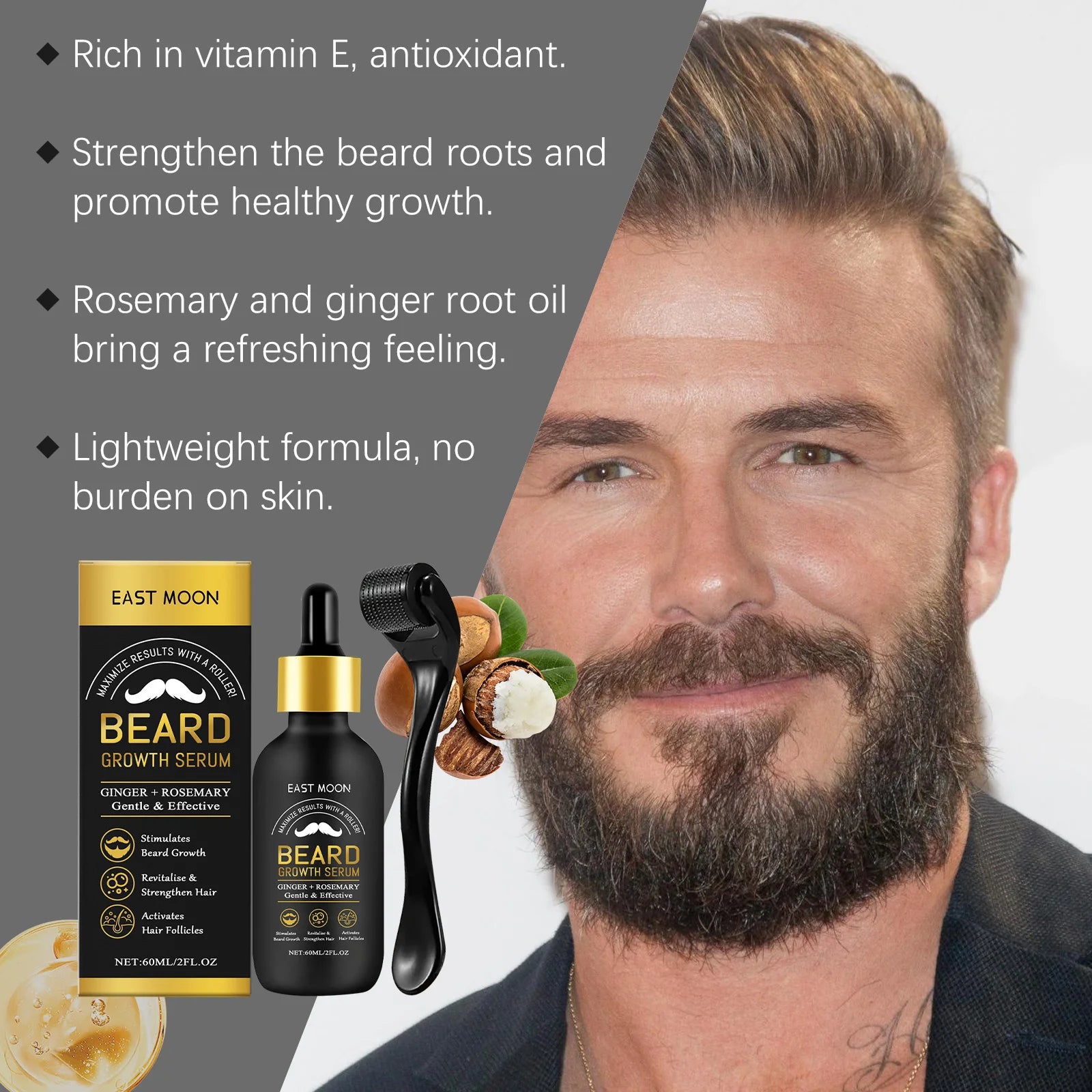 Beard Thickening Care Oil with Roller Ball 0.25mm Strengthen Hair Roots Nourishing Soften Beard Oil for Men Grooming Beard Care Qme