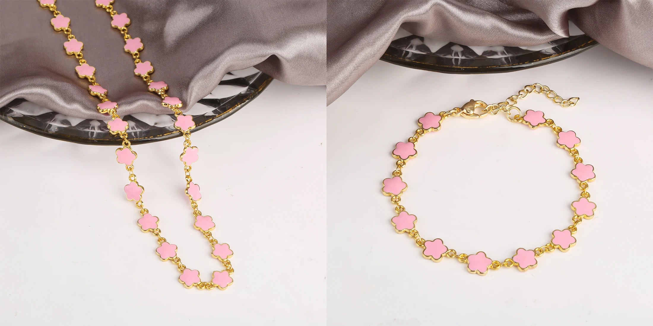 Classic 7 Color Copper Drip Oil Five-Leaf Flower Bracelet Necklace Pentagram Jewelry Set For Women Wedding Party Daily Wear Qme 7