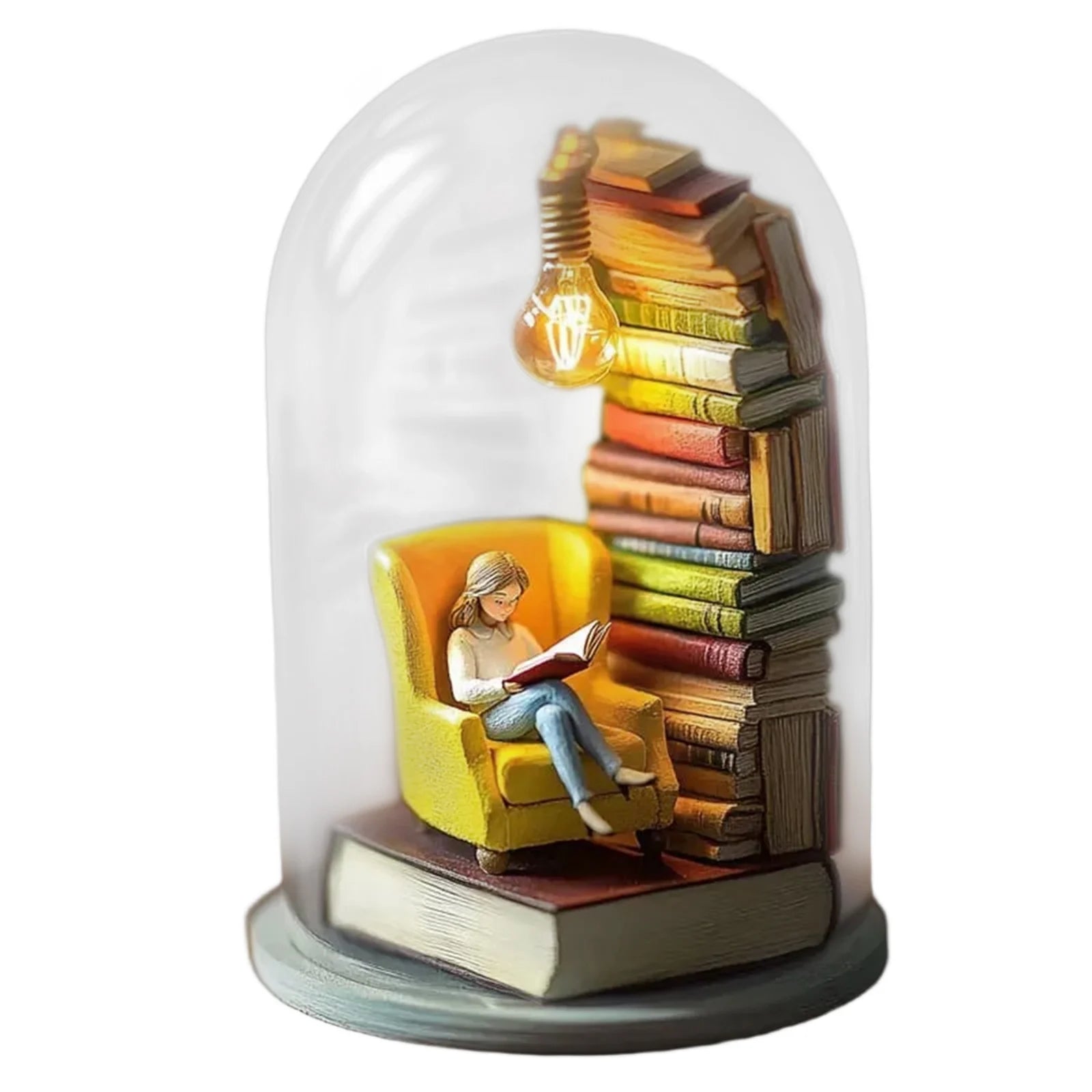 Mini Reading Figurine Lamp with Transparent Cover Tiny Bookshelf Library Statue Light for Desk Ornament Birthday Valentine Gift Qme A One Size