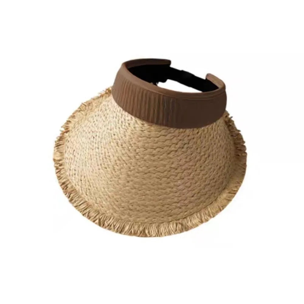 Fashion Woven Straw Visor Cap Sunscreen Hollow Empty Hat Big Head Qme Coffee