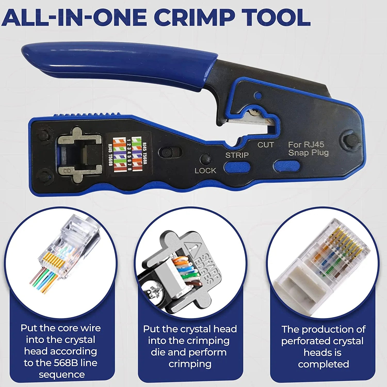 RJ45 Crimp Tool Pass Through Crimper Cutter for Cat6a Cat6 Cat5 8P8C Modular Connector Ethernet All-in-one Wire Tool Qme