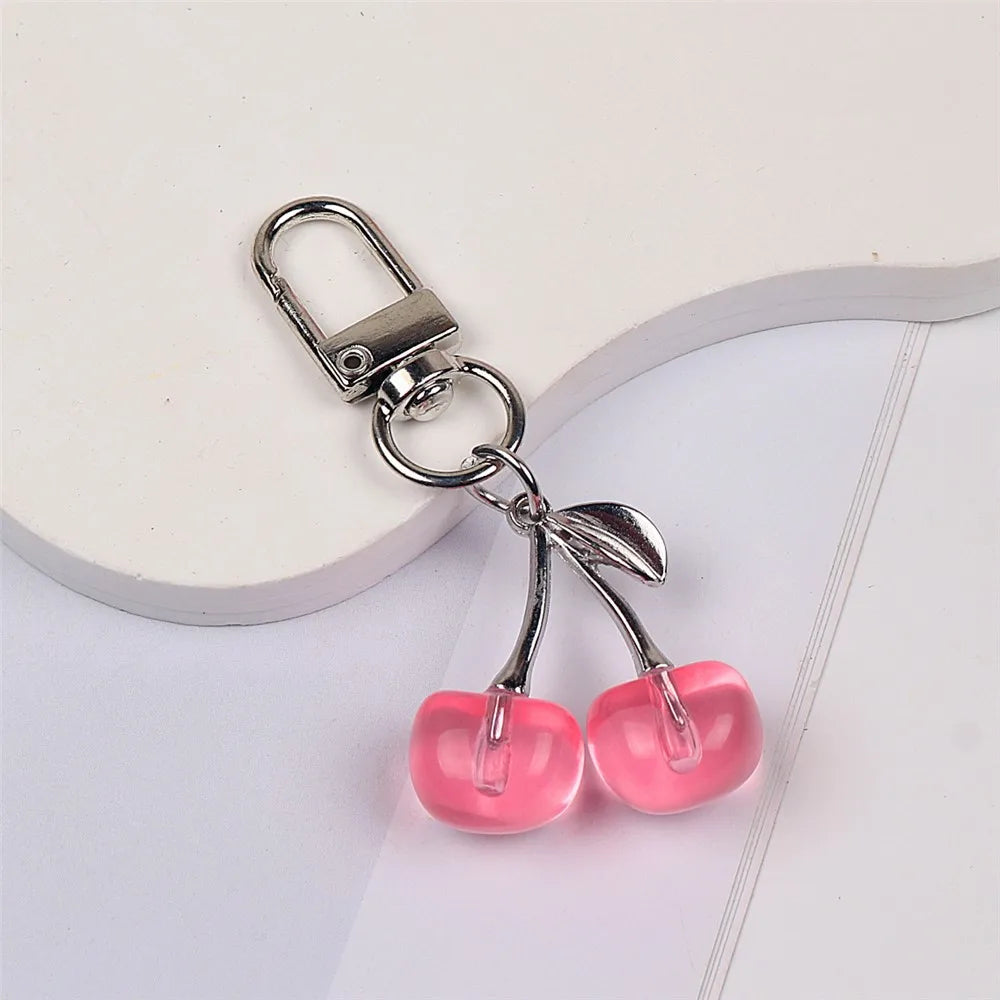 Crystal Cherry Keychain Pearl Bow Silver Heart Pendant Key Ring Qme Pink