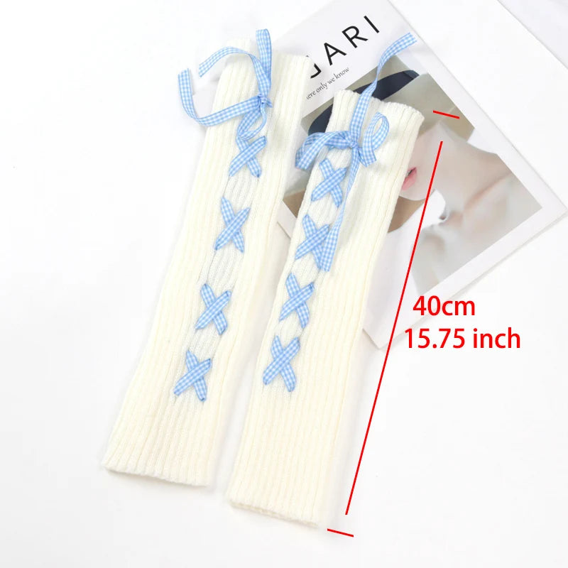 JK Girls Gloves Japanese Kawaii Lolita Fingerless Glove Elbow String Ribbon Ties Up Party Fingerless Gloves Harajuku Leg Warmers Qme