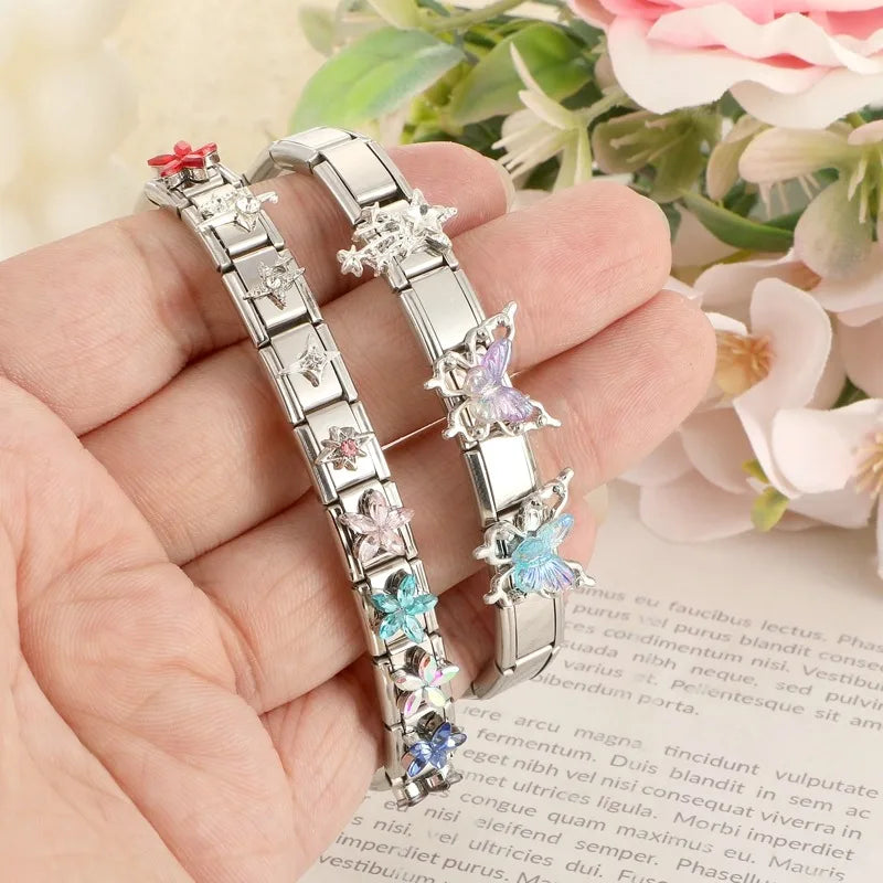 Fashion Zircon Red Blue Pink Flowers Butterfly Stars Tassel Italian Charm Links Fit 9mm Bracelet Stainless Steel DIY Making Gift Qme