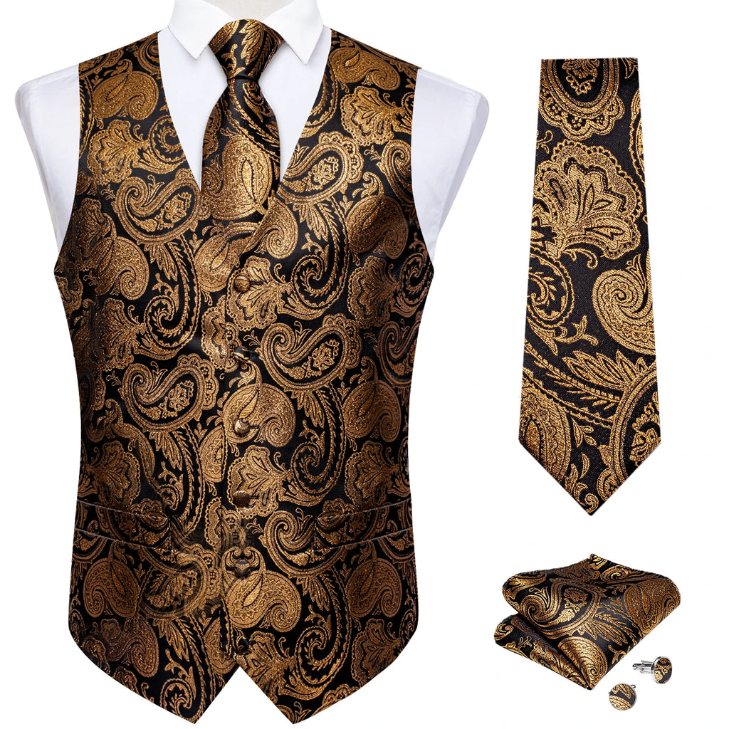 Men's Paisley Suit Vest Tie Formal Waistcoat Necktie Pocket Square Qme