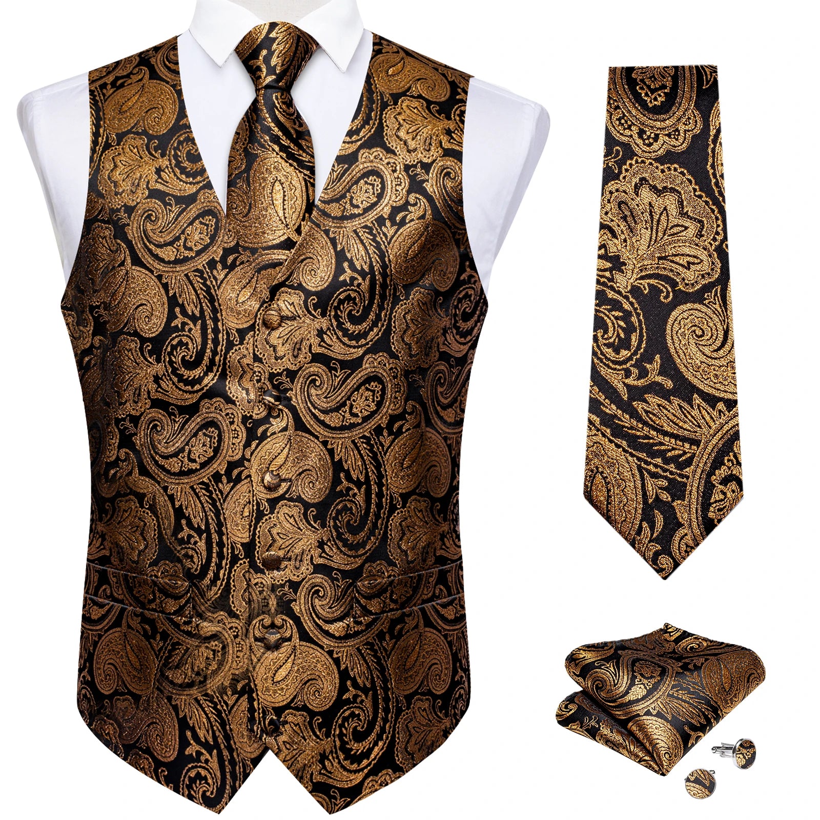 Men's Paisley Suit Vest Tie Formal Waistcoat Necktie Pocket Square Qme
