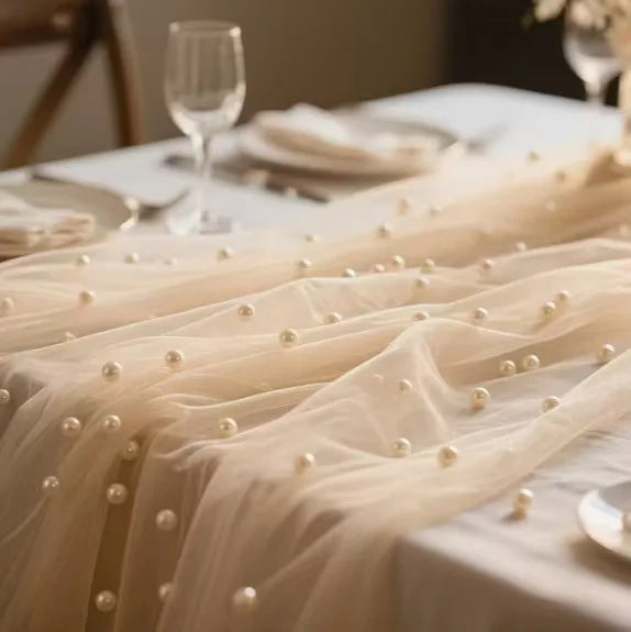 80x200cm Pearl Gauze Decorative Table Flag Beaded Net Gauze Wedding Table Flag Curtain Party Tablecloth Background Decoration Qme 80x200cm Cha