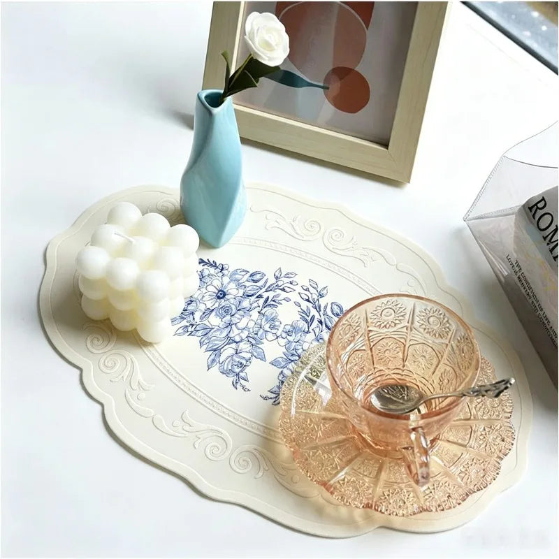 Silicone Placemat European Style Retro Embossed Large Lace Table Mat Non-slip Placemat Non-slip Insulation Mat for Desktop Qme