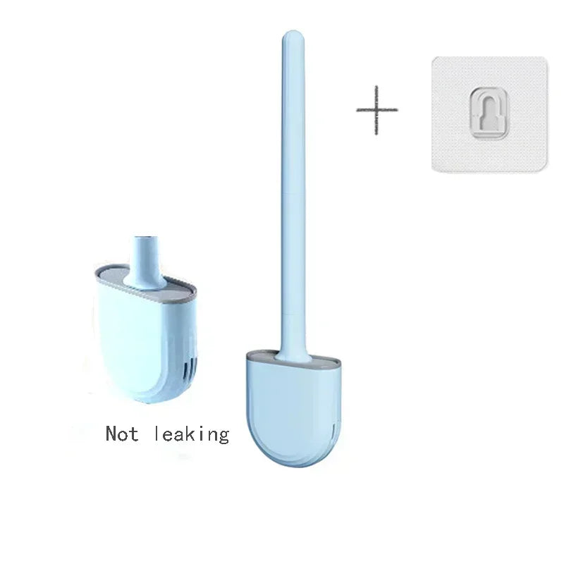 Wall Mounted Silicone Toilet Brush Set Flexible Flat Head Toilet Bowl Cleaner Brush for WC Bathroom Cleaning Dead Ends & Corners Qme Blue