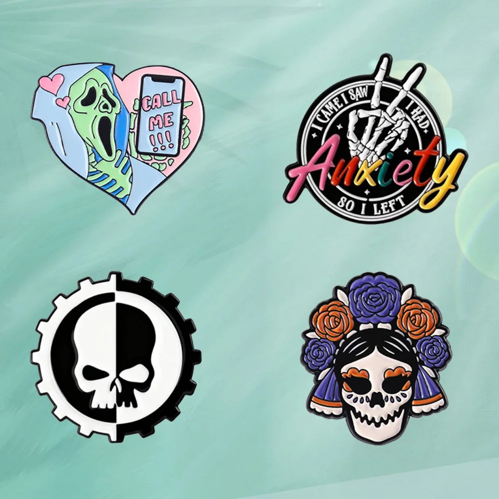Gothic Pop Enamel Pins Set Call Me Ghost Heart Brooch Anxiety Skull Badge Floral Frida Skull Pin For Backpack Clothing Decor Qme