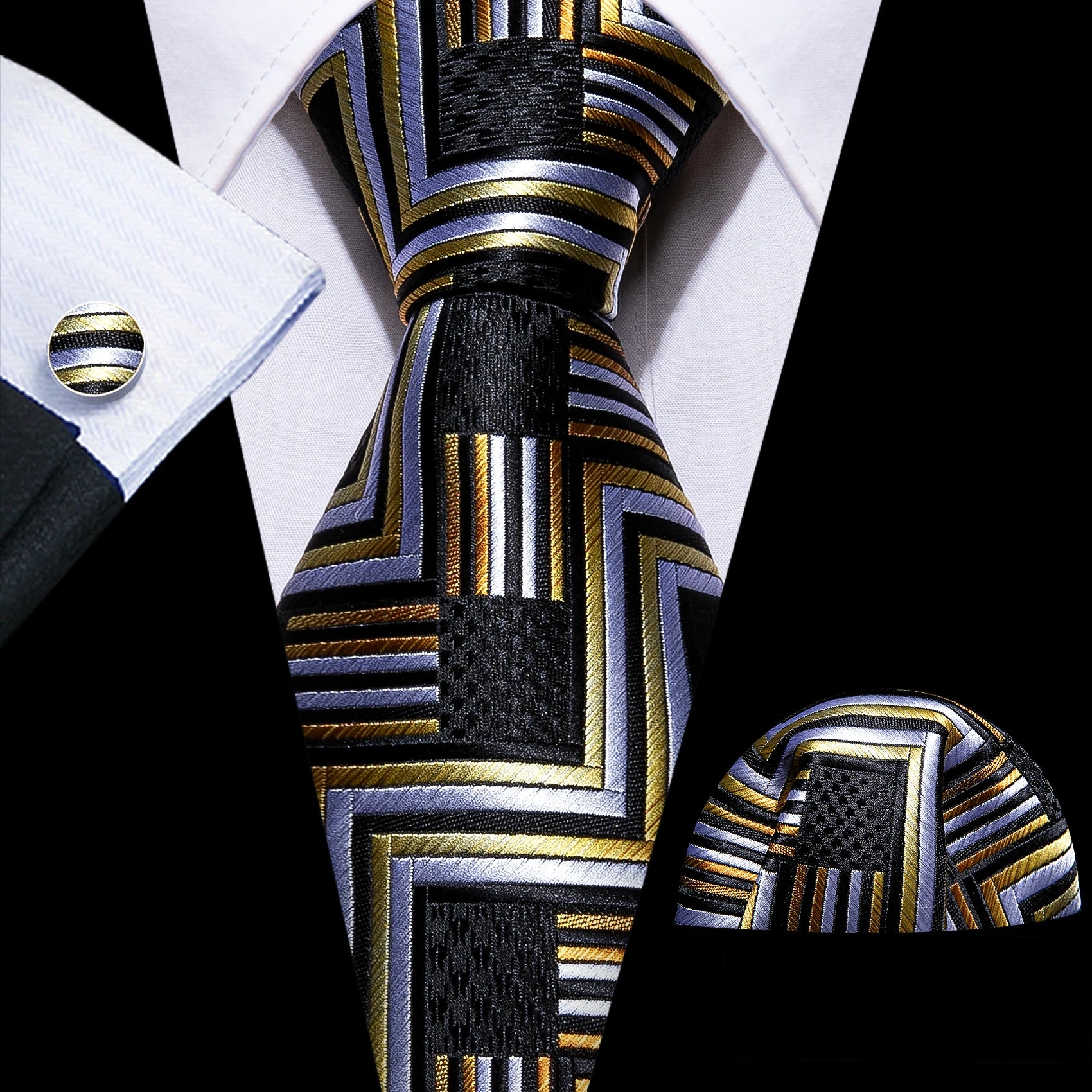 Black Geometric Tie Tie For Men Wedding Tie Party Necktie Handkerchief Cravat Barry.Wang Fashion Designer Tie Set LS-5225 Qme 5452