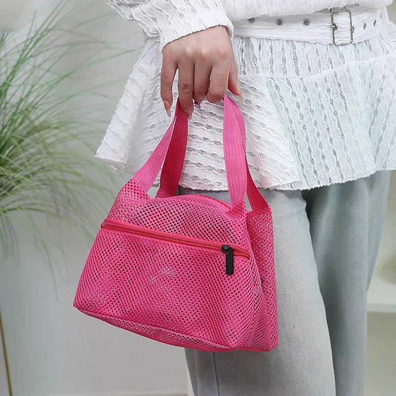 Fashion Solid Color Mesh Handbag Travel Toiletry Bag Large Capacity Cosmetic Bag Portable Sports Swimming Storage Bags Qme
