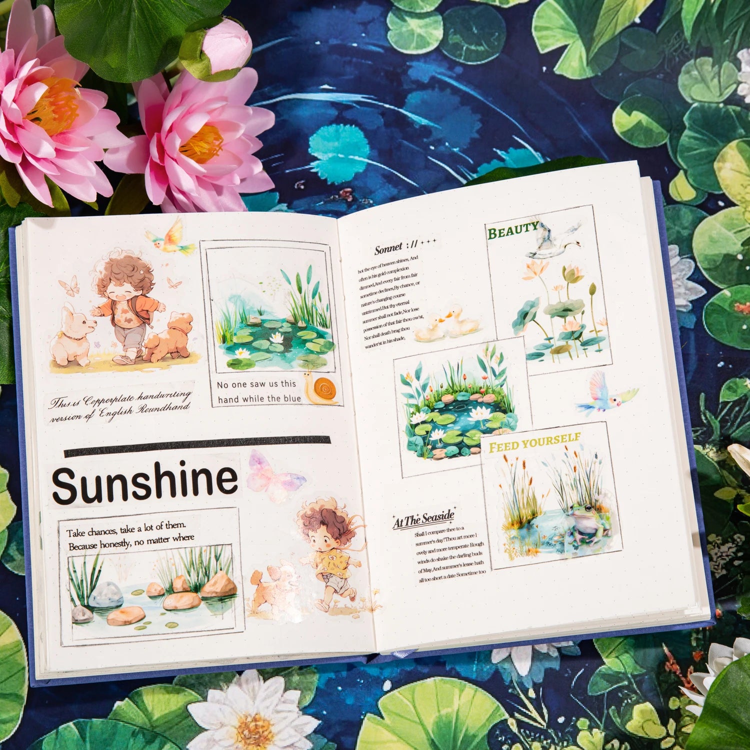 200cm/Roll Summer Lotus Pond PET Tape Cute Literary INS Style Journal Handbook Tapes Creative DIY Scrapbook Collage Stationery Qme