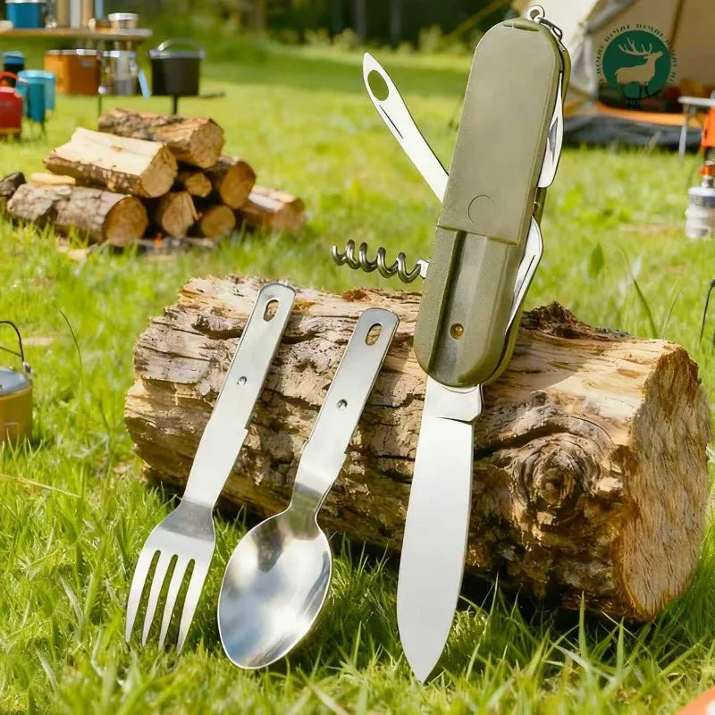 7 In 1 Stainless Steel Foldable Outdoor Tableware: Fork, Spoon, Knife for Picnic, Camping, Hiking, Travelling Qme