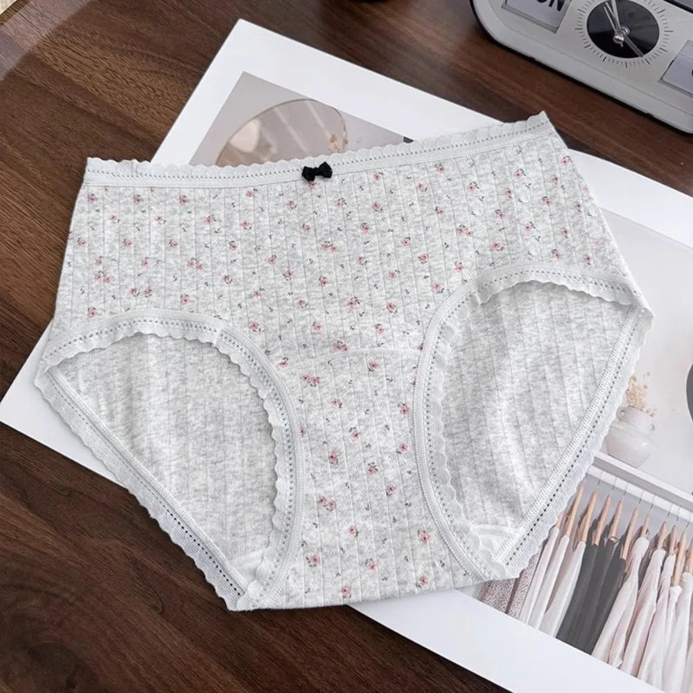 Cute Mid-waist Underwear Women Bear Grid Sweet Floral Panties Qme Grey L 1pc