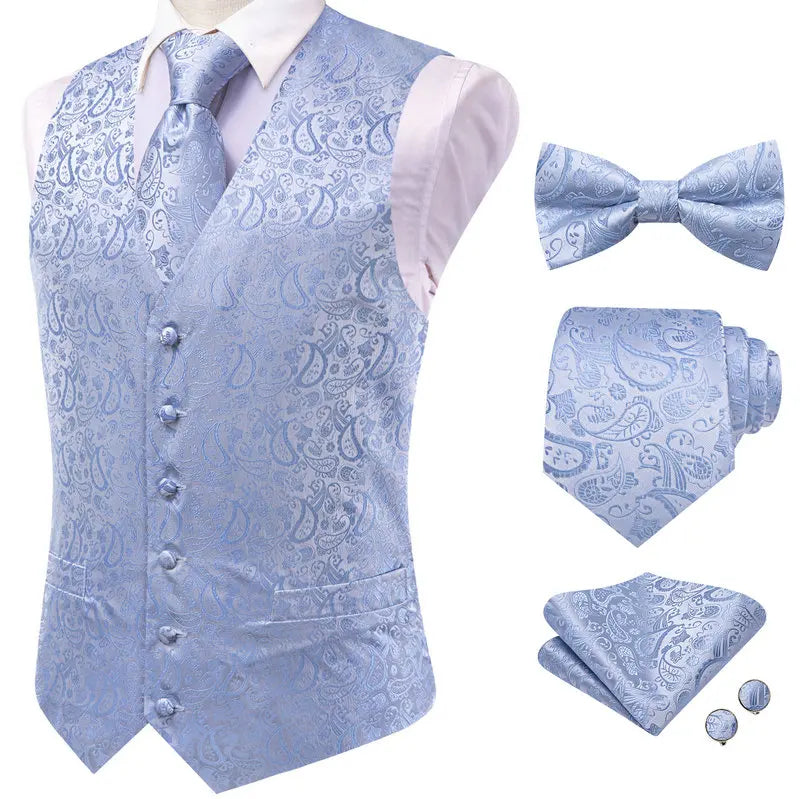Men Black Grey Paisley Pattern V Collar Vest Full Wedding Party Qme HT-MJTZ0234 S