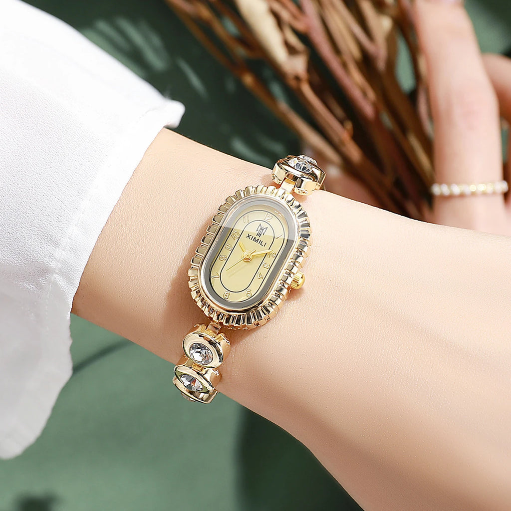 Women's Luxury Crystal Quartz Watch, Oval Gold Dial with Diamond Bezel and Gold Tone Band, Casual/Office Wear Qme