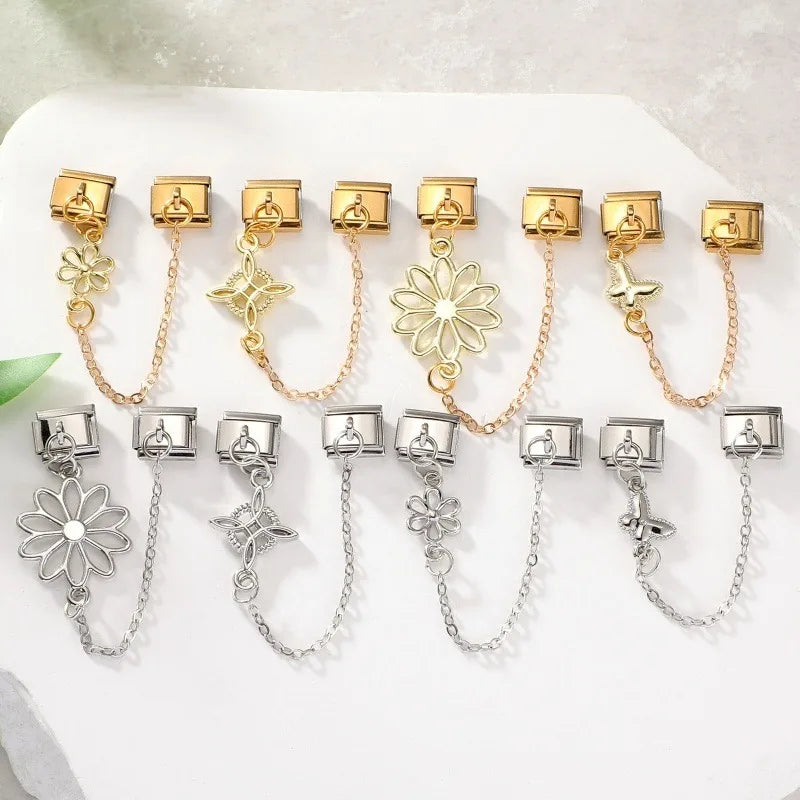 Sweet Flowers Butterfly Cute Heart Bows Italian Charm Link Gold Color Fit 9mm Stainless Steel Bracelet Women DIY Making Gift Qme