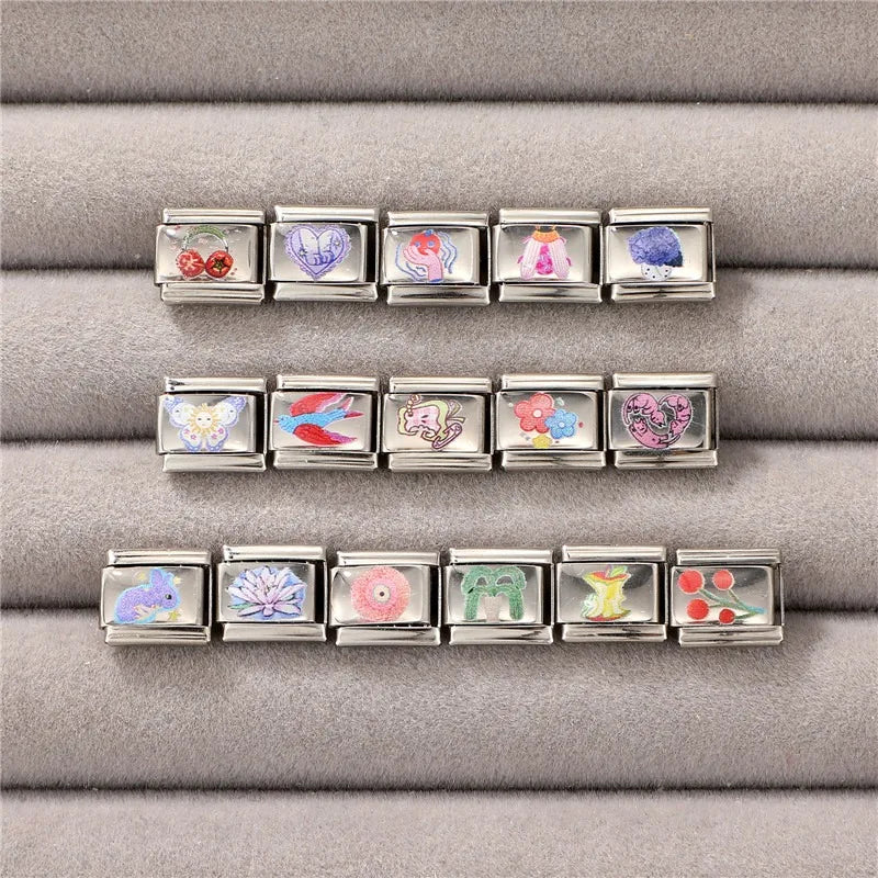 Fashion Women Men Y2k Colorful UV Heart Cat Sun Butterfly Italian Charm Link Fit 9mm Stainless Steel Bracelet DIY Making Jewelry Qme