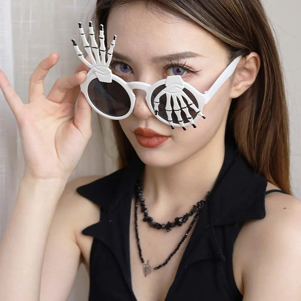 Skeleton Hand Halloween Party Sunglasses Spider Web Dark Lenses Funny Qme