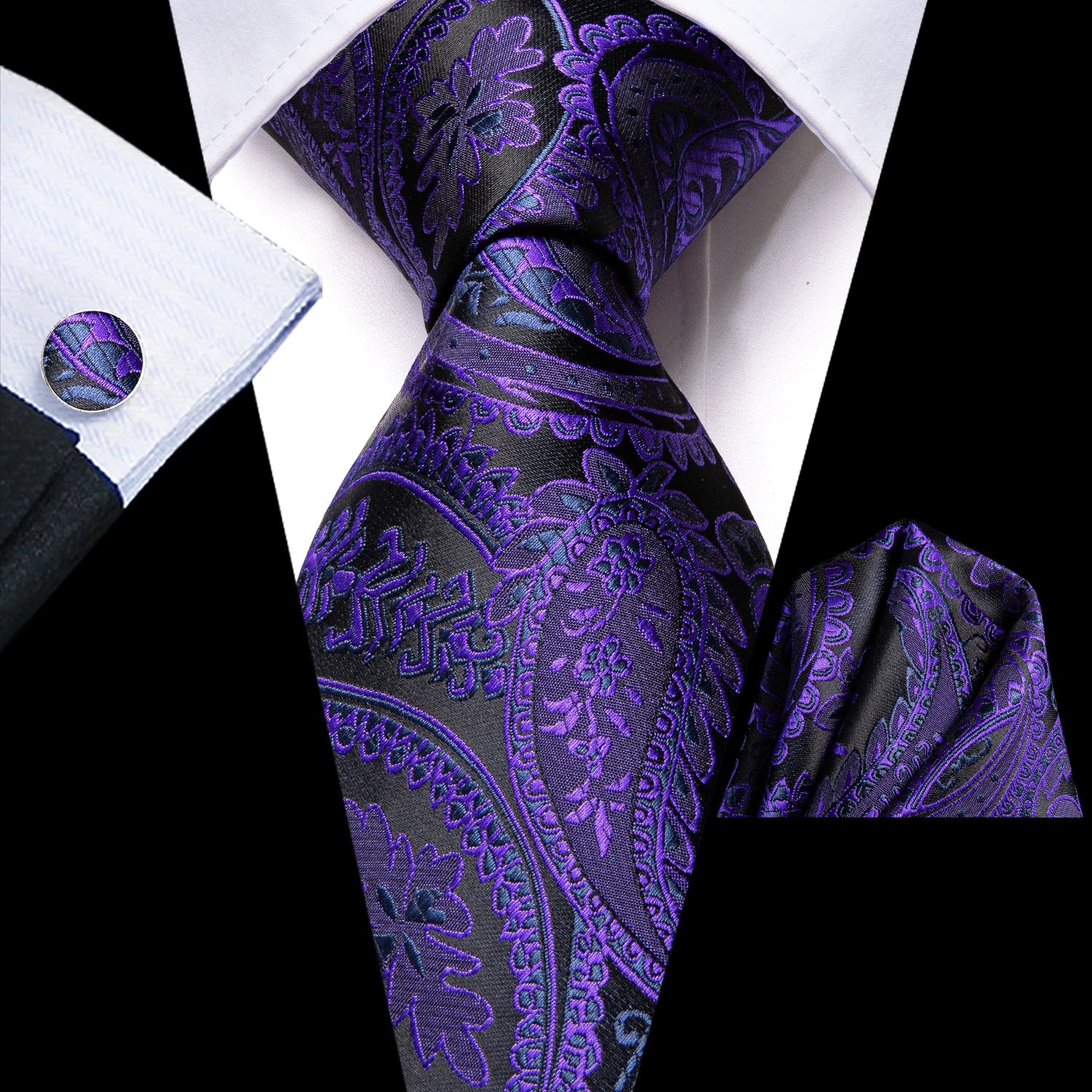Hi-Tie 3pcs Mens Tie Purple Floral Stripes Solid Necktie Pocket Square Cufflinks Set Wedding Formal Casual Office Party Qme LDSN3441