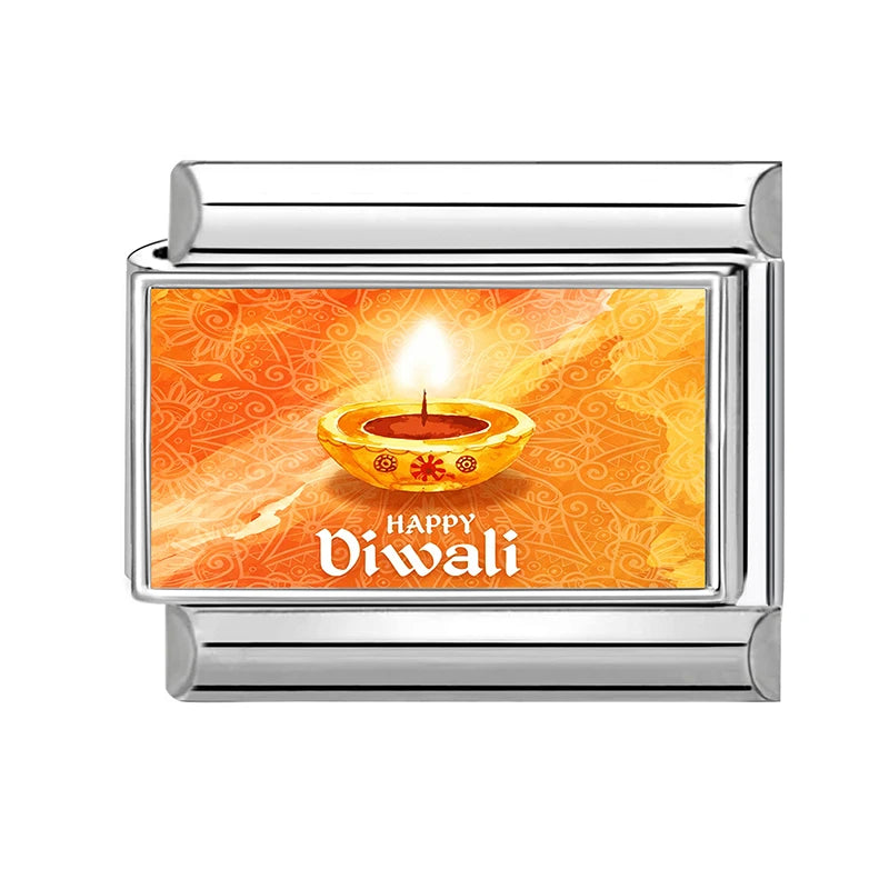 Happy Diwali Light up the Lights Italian Charm Links Fit 9mm Stainless Steel Men Women Y2K Bracelet DIY Making Jewelry Gifts Qme Style 9