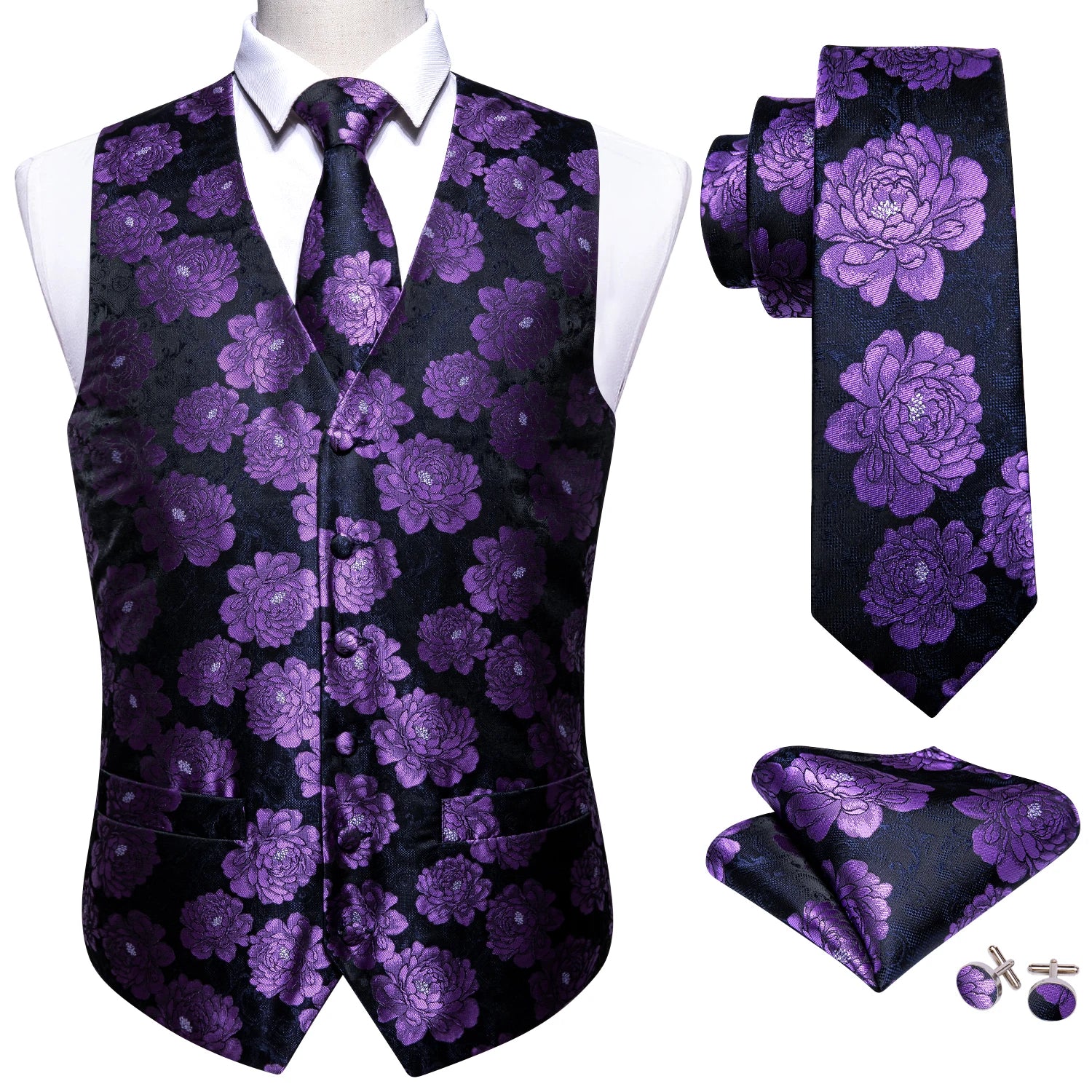 Men's Formal Suit Vest & Tie Set – Paisley/Floral Premium Waistcoat and Necktie Combo for Weddings, Business Festive Occasions Qme MJ-2087 S
