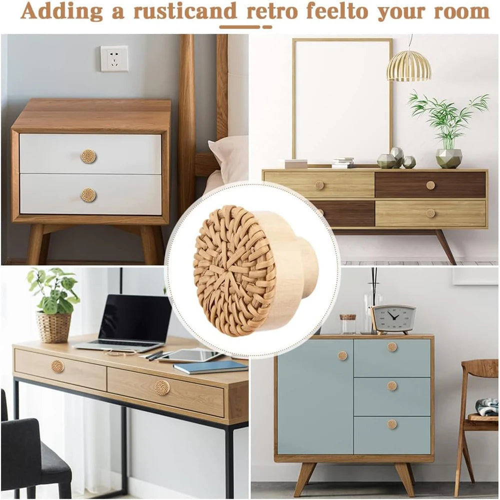 2-48pcs Rattan Wooden Handles Round Handmade Cabinets Drawer Pulls Wood Kitchen Cupboard Wardrobe Door Dresser Knobs Qme