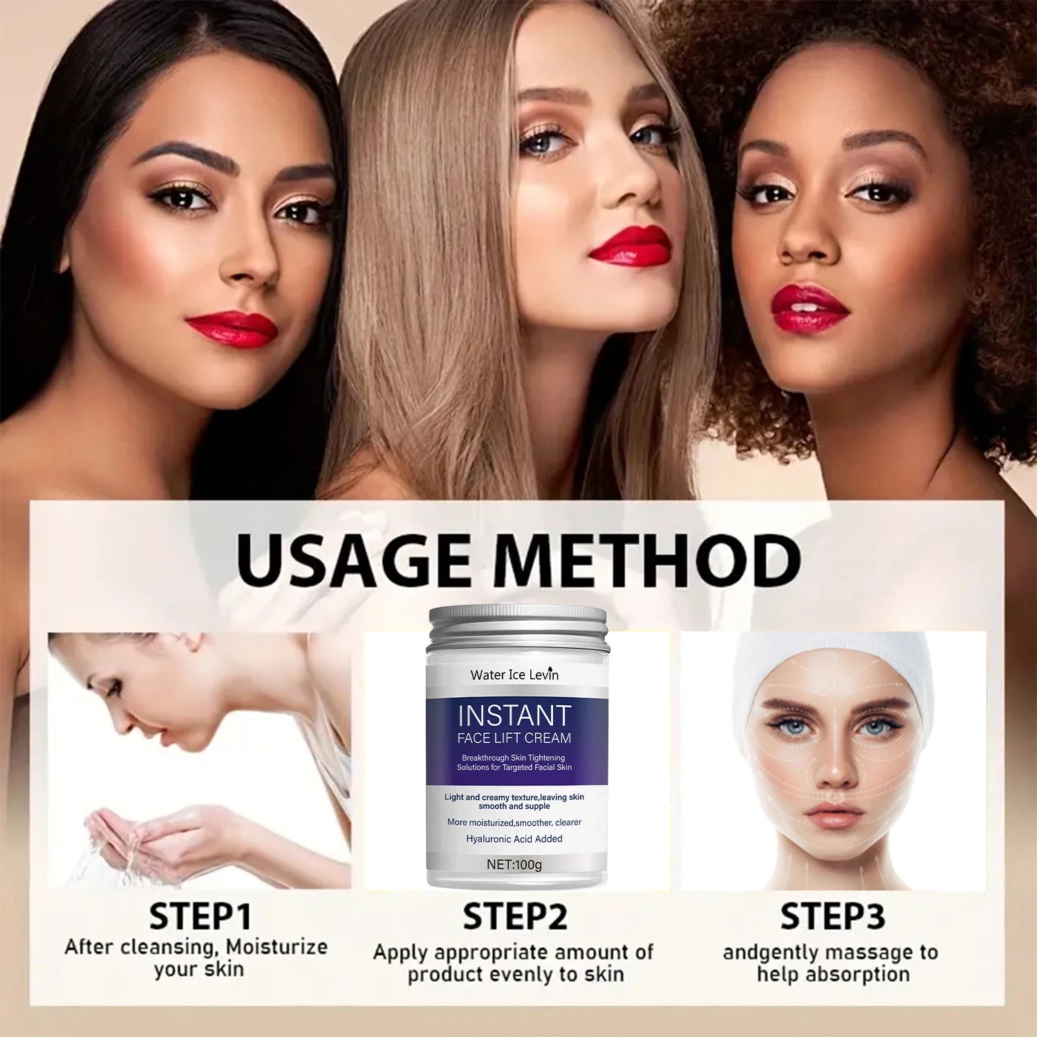 Instant Lifting Face Cream with Hyaluronic Acid & Collagen for Tightening, Firming & Deep Moisturizing. Qme
