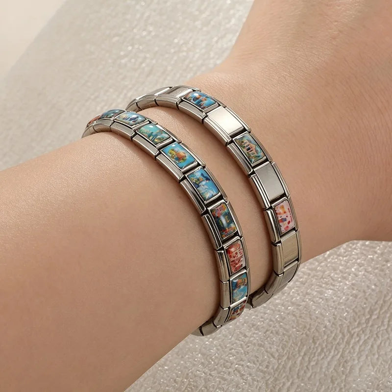 Blue Landscape Sky School Student Schoolbag City Italian Charms Fit 9mm Stainless Steel Women Fashion Bracelet DIY Jewelry Gifts Qme