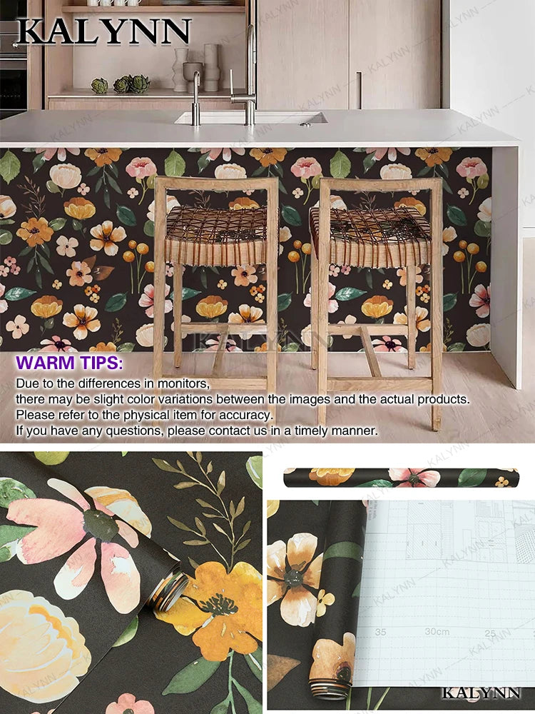 Floral Self Adhesive Wallpaper Peel Stick Contact Paper Kitchen Qme Floral-black 45cmx5M