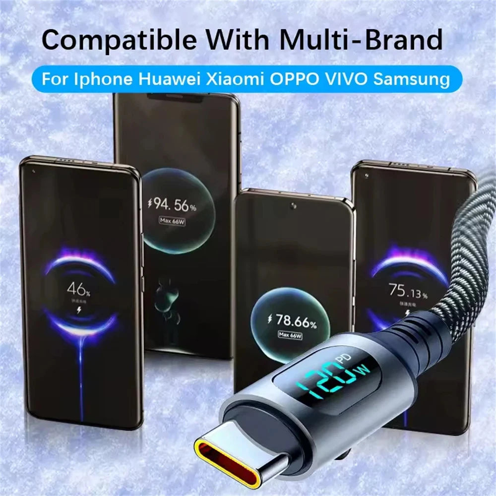 120W Type C Fast Charge Cable With Led Digital Display Cable6A Nylon Data Cord For Xiaomi Samsung iPhone Data Transmission Wire Qme