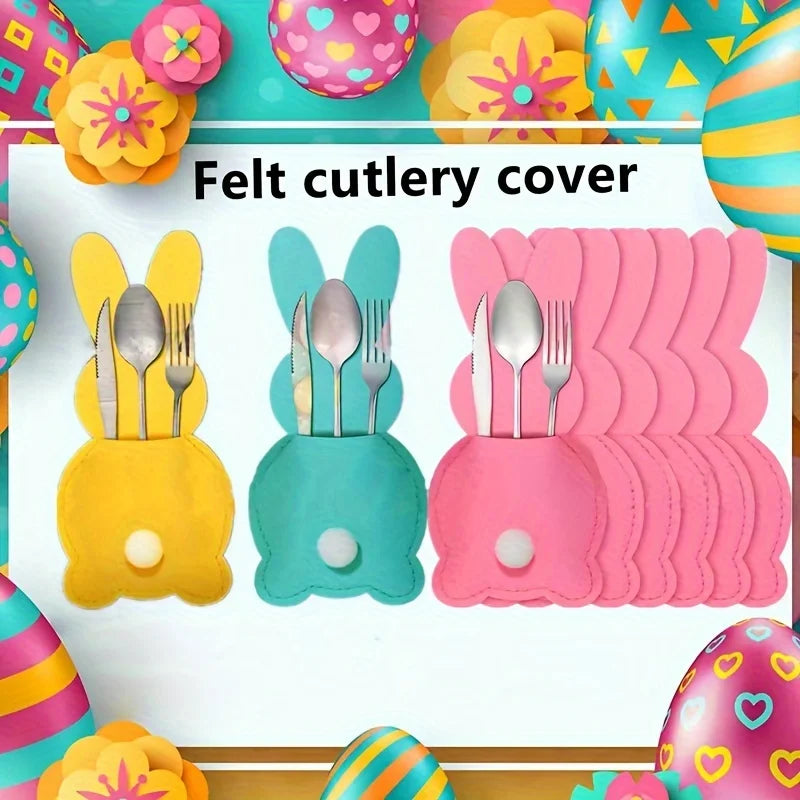 4Pcs felt tableware rack bag, creative Easter thickened felt cute rabbit tableware knife and fork storage party table decoration Qme