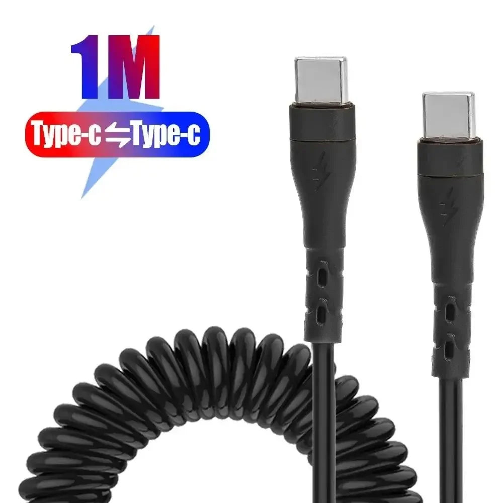 PD 120W Type C To Type C Cable Fast Charge USB C Spring Car Charger Cable For iPhone 16 15 Xiaomi Samsung Fast Charge Data Cord Qme Black 1m